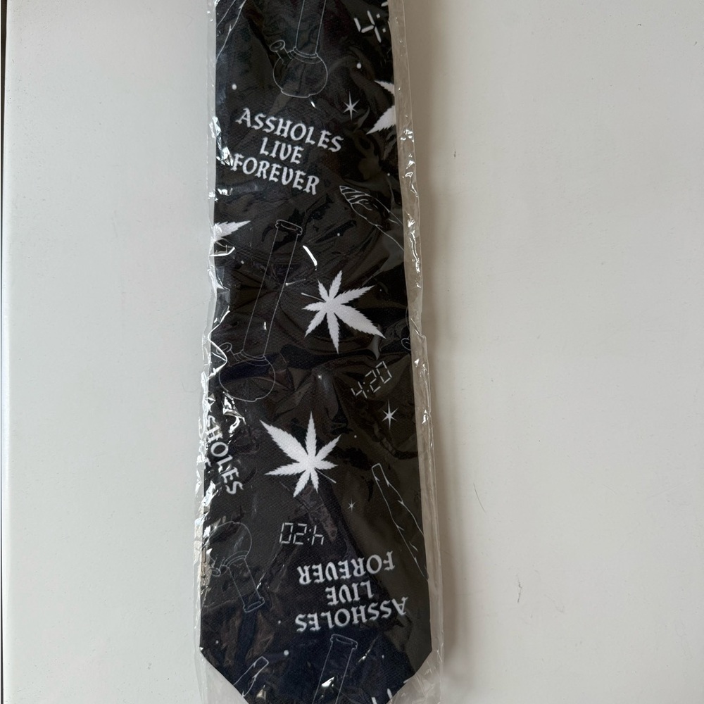 Black Assholes Live Forever 420 Novelty Tie with White Print